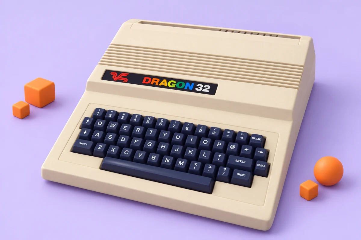 A cream Dragon 32 computer with a dark keyboard and rainbow badge, illustrated on a lavender background with orange shapes.