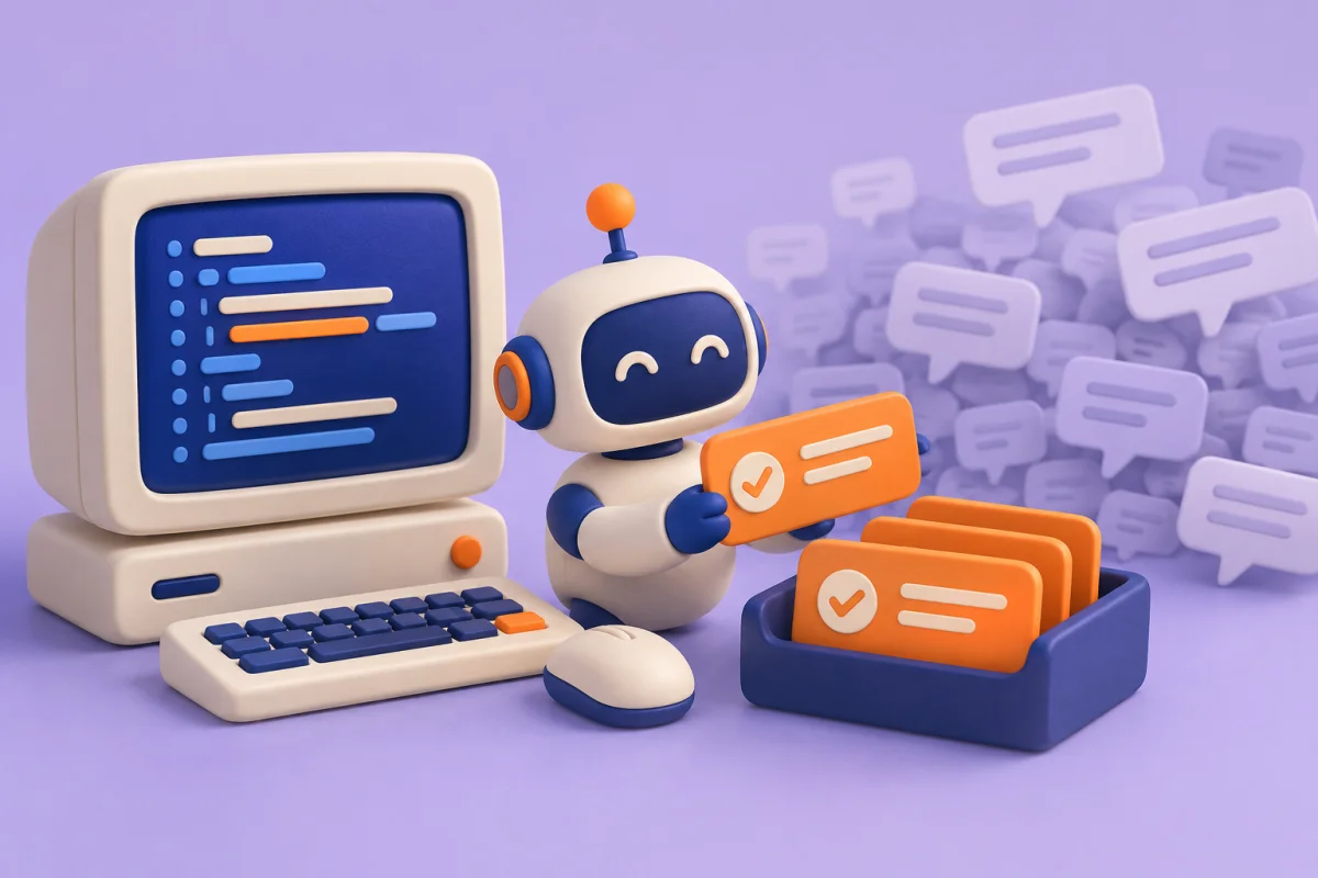 A cream and blue robot selects orange review cards beside a retro computer, with lavender comment bubbles behind it.