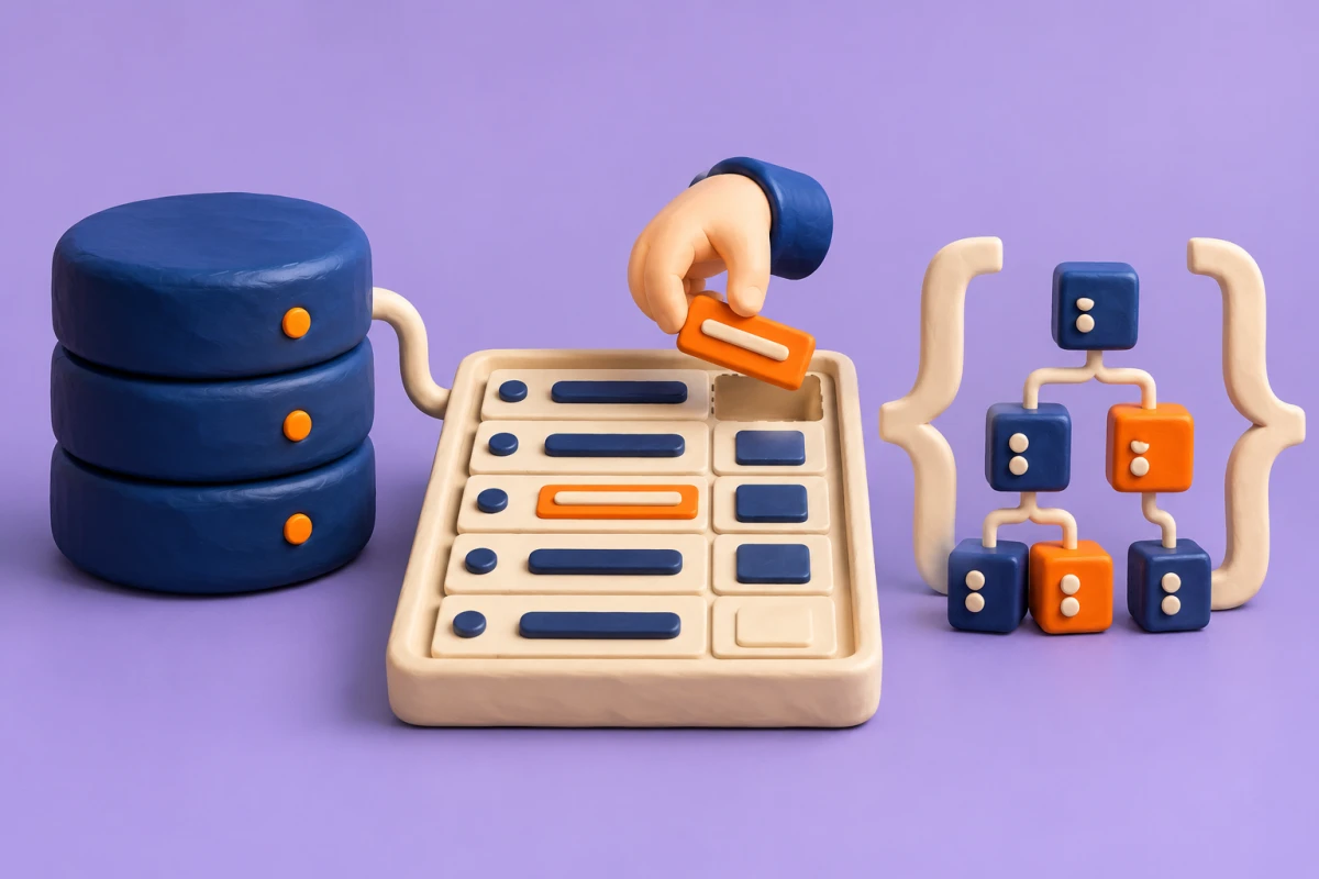 Clay database stack, table rows and a branching JSON tree, with a hand placing an orange tile into the workspace.